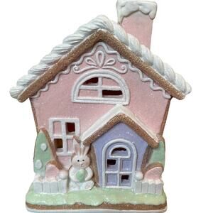 Spring EASTER BUNNY Rabbit Pastel PINK Gingerbread House Light Up Decor NEW